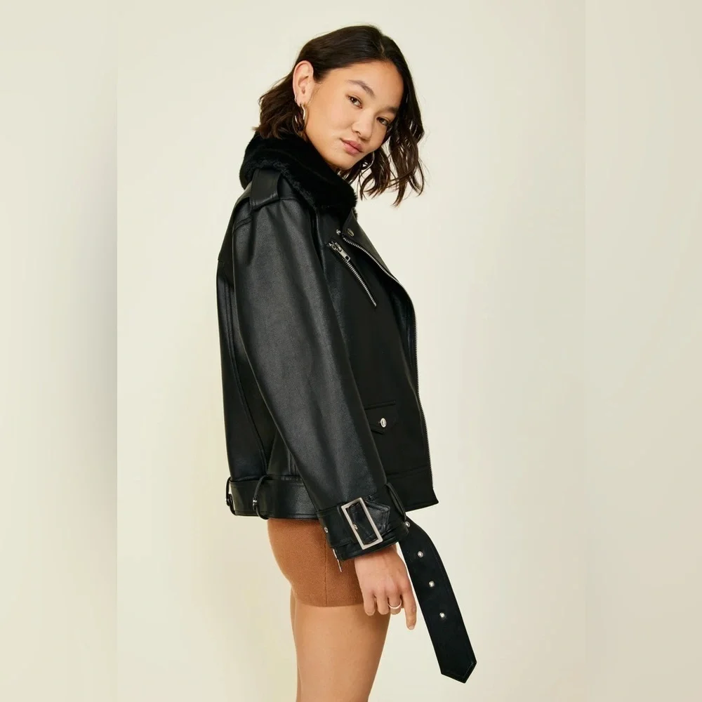 NWT Line & Dot Black Leather Jacket with Faux Fur Collar